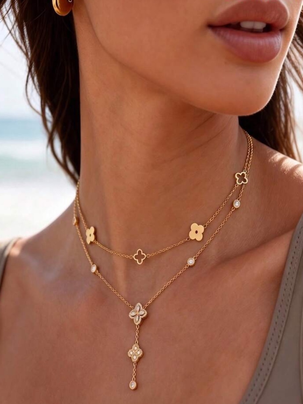 Delicate Gold Layered Floral Necklace with Crystal Accents